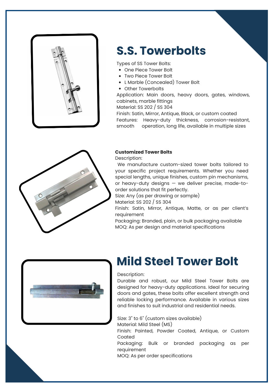 Tower Bolts from GM Products catalogue